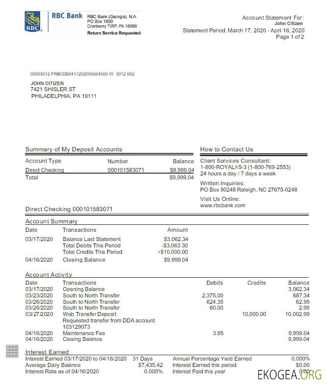 Modèle Word et PDF de relevé bancaire RBC aux États Unis, version 2 scr